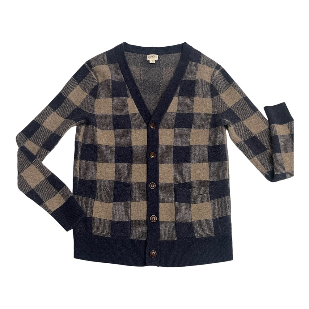 J. Crew Merino Wool Blend Blue Gray Plaid Button Front Cardigan Men’s Size Small